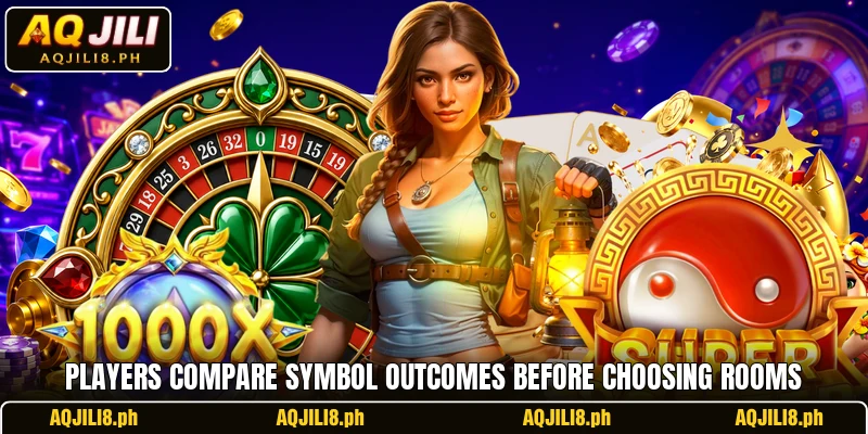 Players compare symbol outcomes before choosing rooms